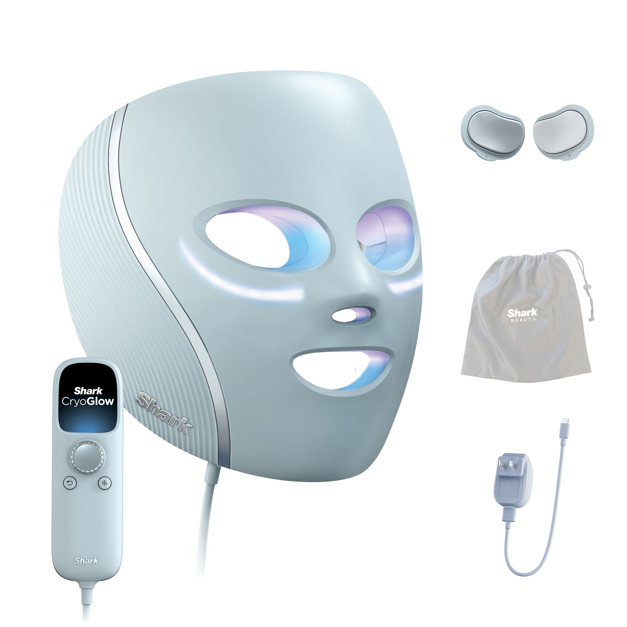 Máscara facial CryoGlow Shark con luz iQLED roja, azul e infrarroja y enfriamiento para el área debajo de los ojos